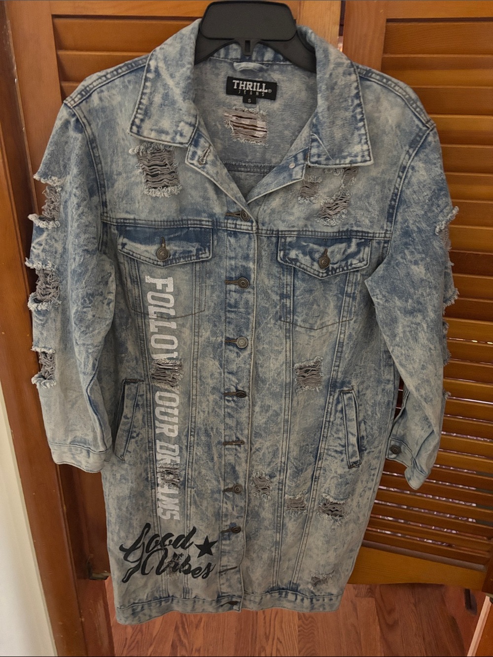 Thrill Light Blue Acid-Wash Distressed Long Denim Jacket